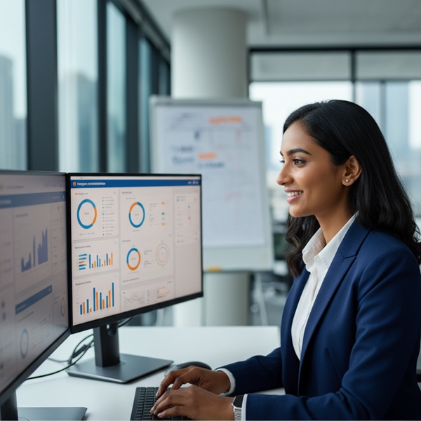 Business professional reviewing performance graphs on a computer screen