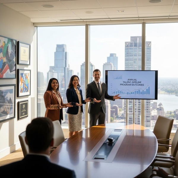 Team standing and presenting a business case during a workplace meeting