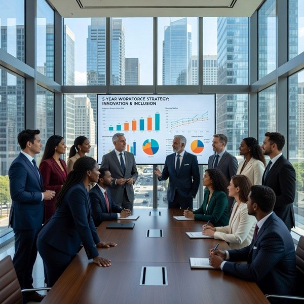 Team standing and planning a training strategy during a workplace meeting