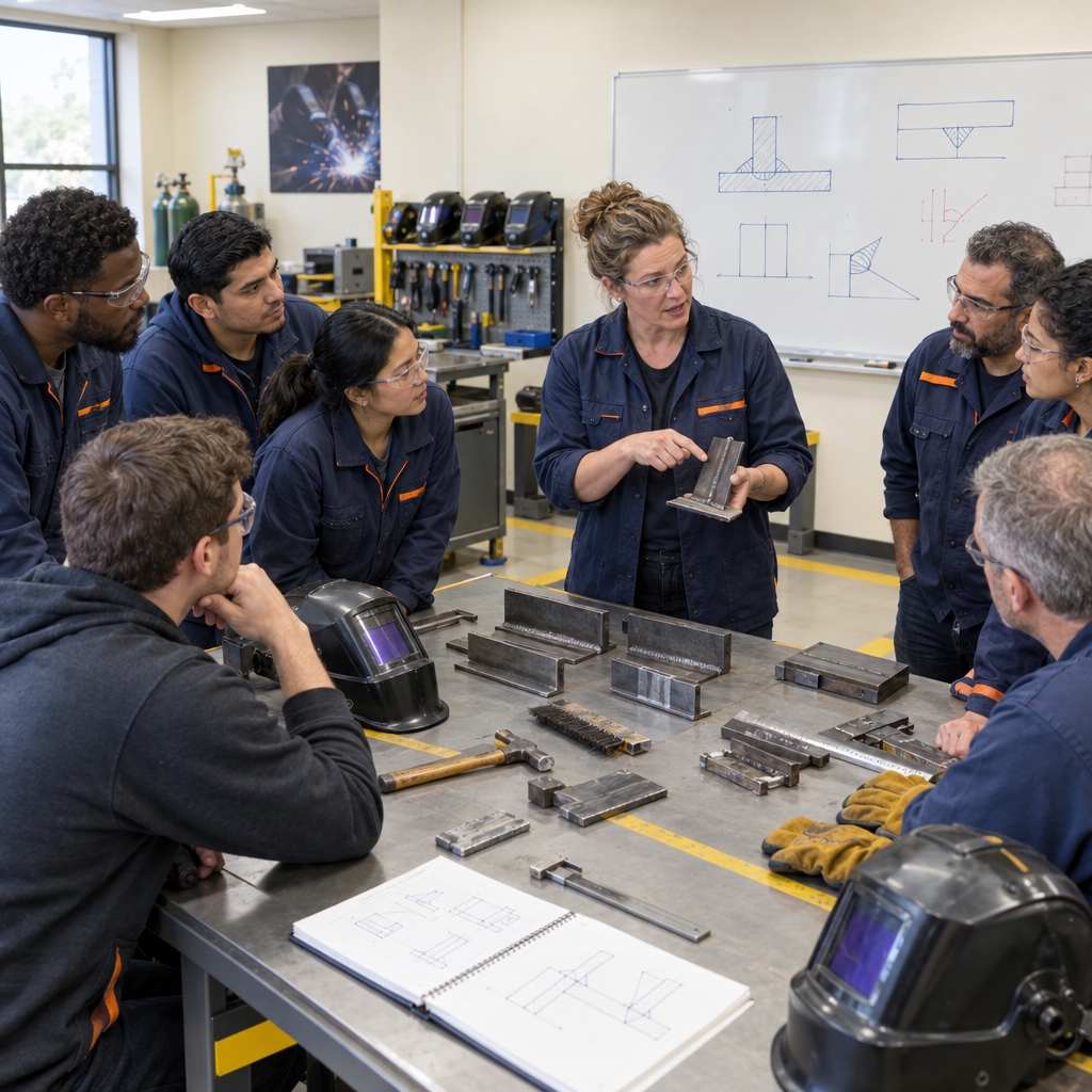 GOS-IMG-WP-SCH-TutoringGroup-1x1-v06 A group of learners of diverse ages taking part in a welding lesson to complete their welder education requirements.