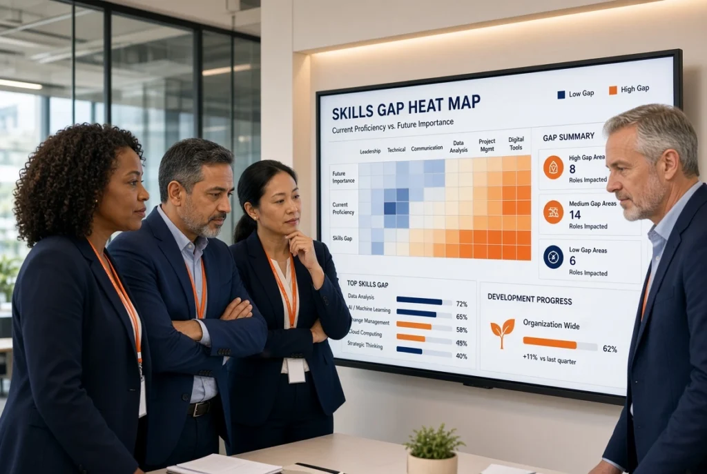 Team members in the office discussing skills gap analysis through a skills gap heat map