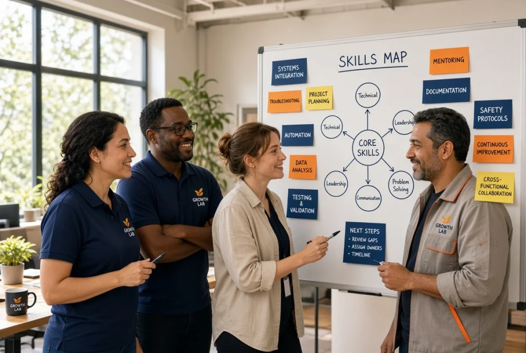 Team members in office talking about a skills map and core skills
