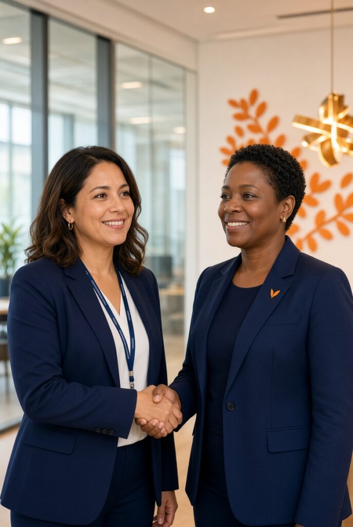 Two women shaking hands in an office, discussing how to launch a returnship program that works.